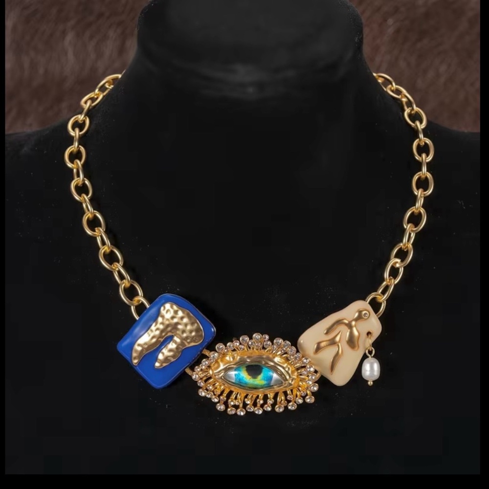 Schiaparelli Inspired Gold Chain Necklace with Blue, Cream & Gold Eye Pendant